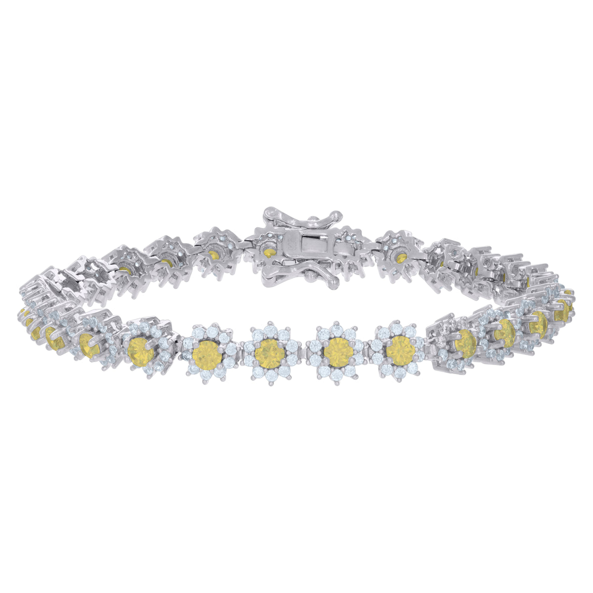 925 Sterling Silver Womens Yellow White Cubic-Zirconia Flower Link Fashion Bracelet Size 7 Inches