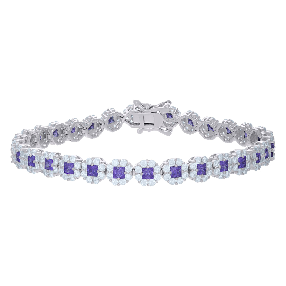 925 Sterling Silver Womens Purple White Cubic-Zirconia Flower Link Bracelet Size 7 Inches