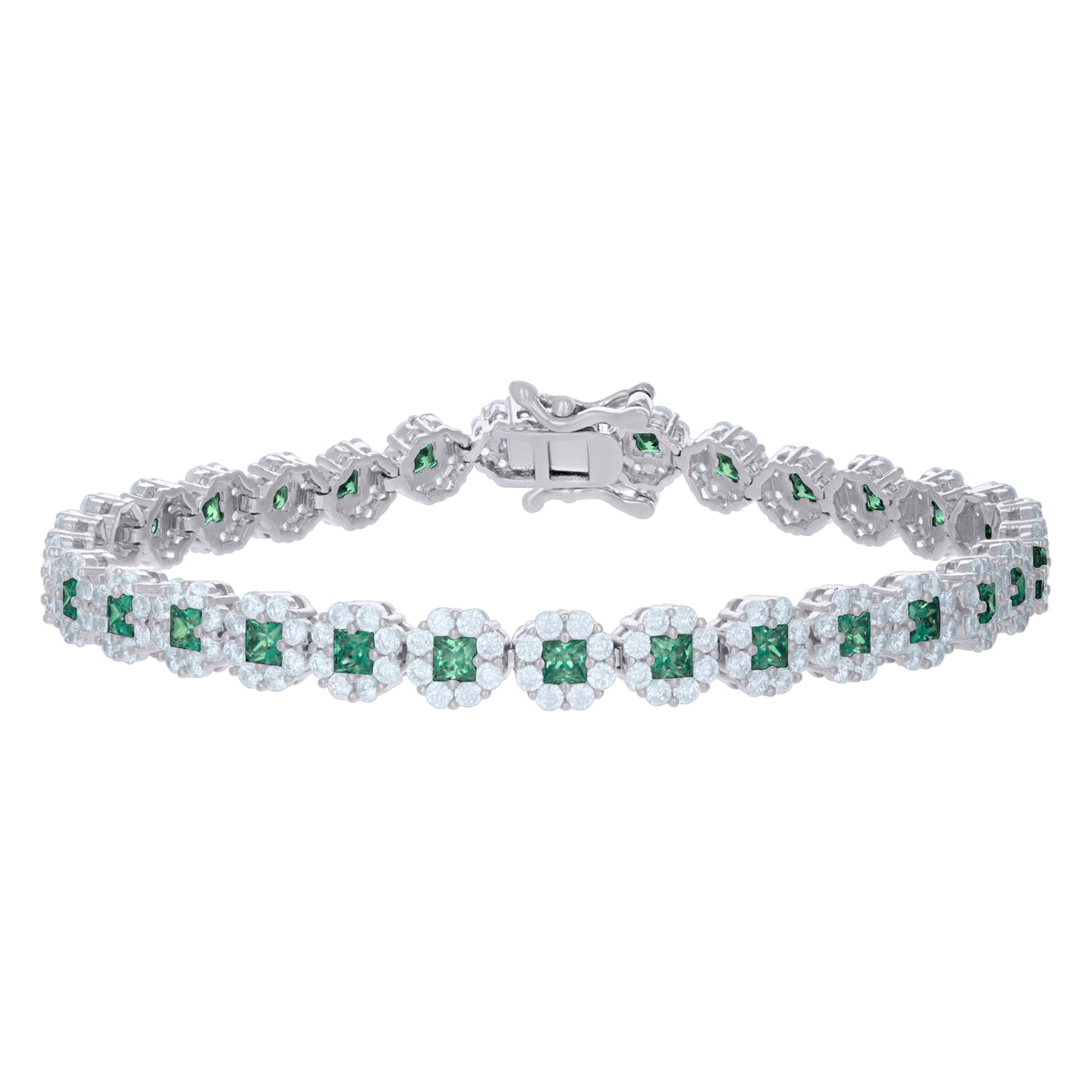 925 Sterling Silver Womens Green White Cubic-Zirconia Flower Link Bracelet Size 7 Inches