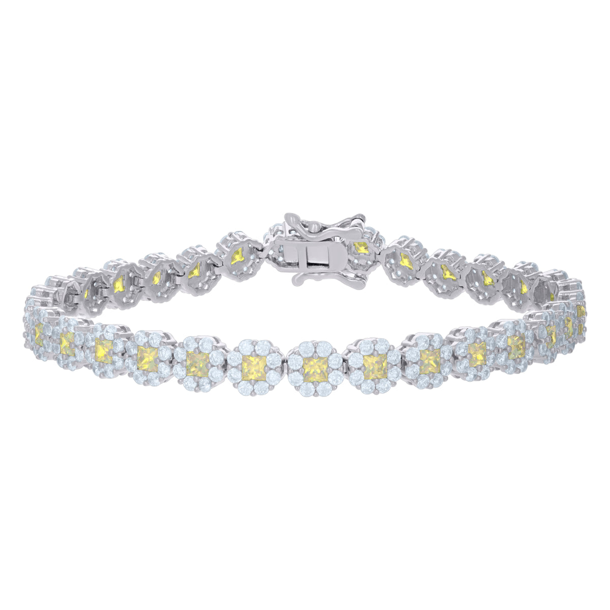925 Sterling Silver Womens Yellow White Cubic-Zirconia Flower Link Bracelet Size 7 Inches