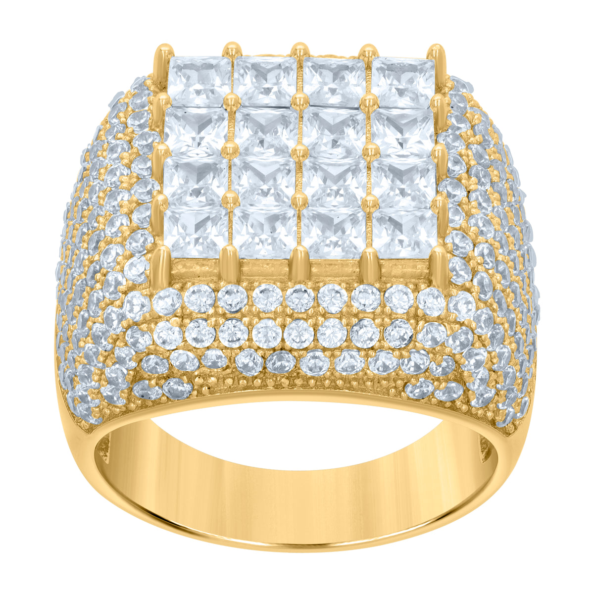 925 Sterling Silver Yellow-tone Mens Princess-cut Round Cubic-Zirconia Square Head Fashion Ring Size 12