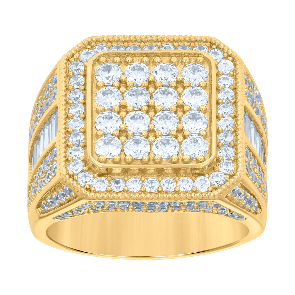 925 Sterling Silver Yellow-tone Mens Baguette Round Cubic-Zirconia Square Head Fashion Ring Size 9