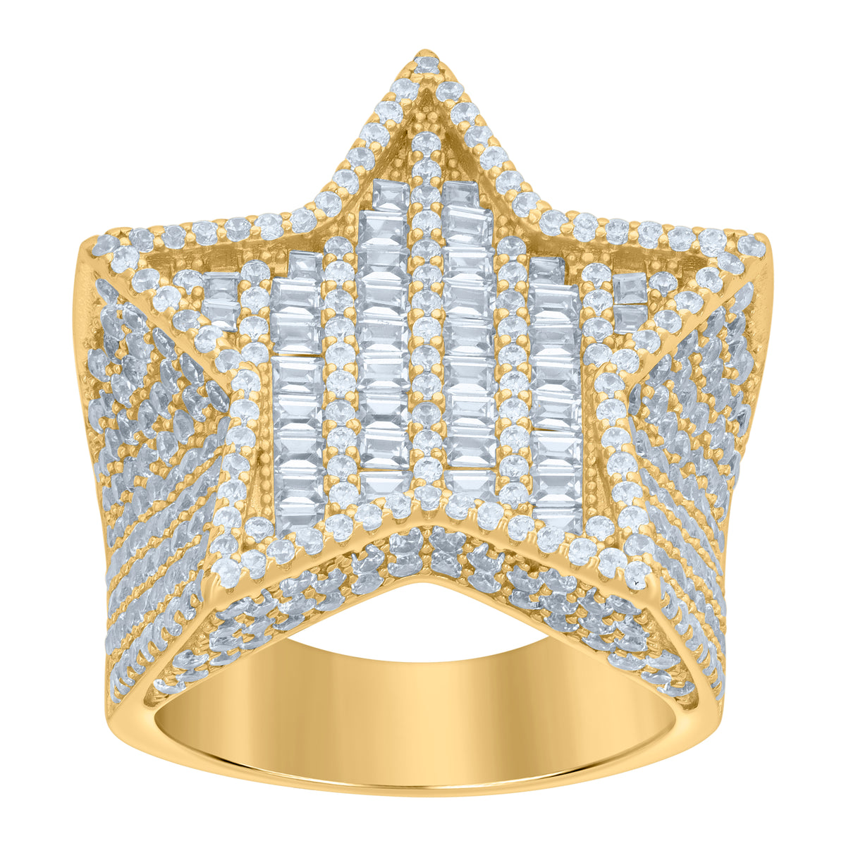 925 Sterling Silver Yellow-tone Mens Baguette Round Cubic-Zirconia Star Fashion Ring Size 11