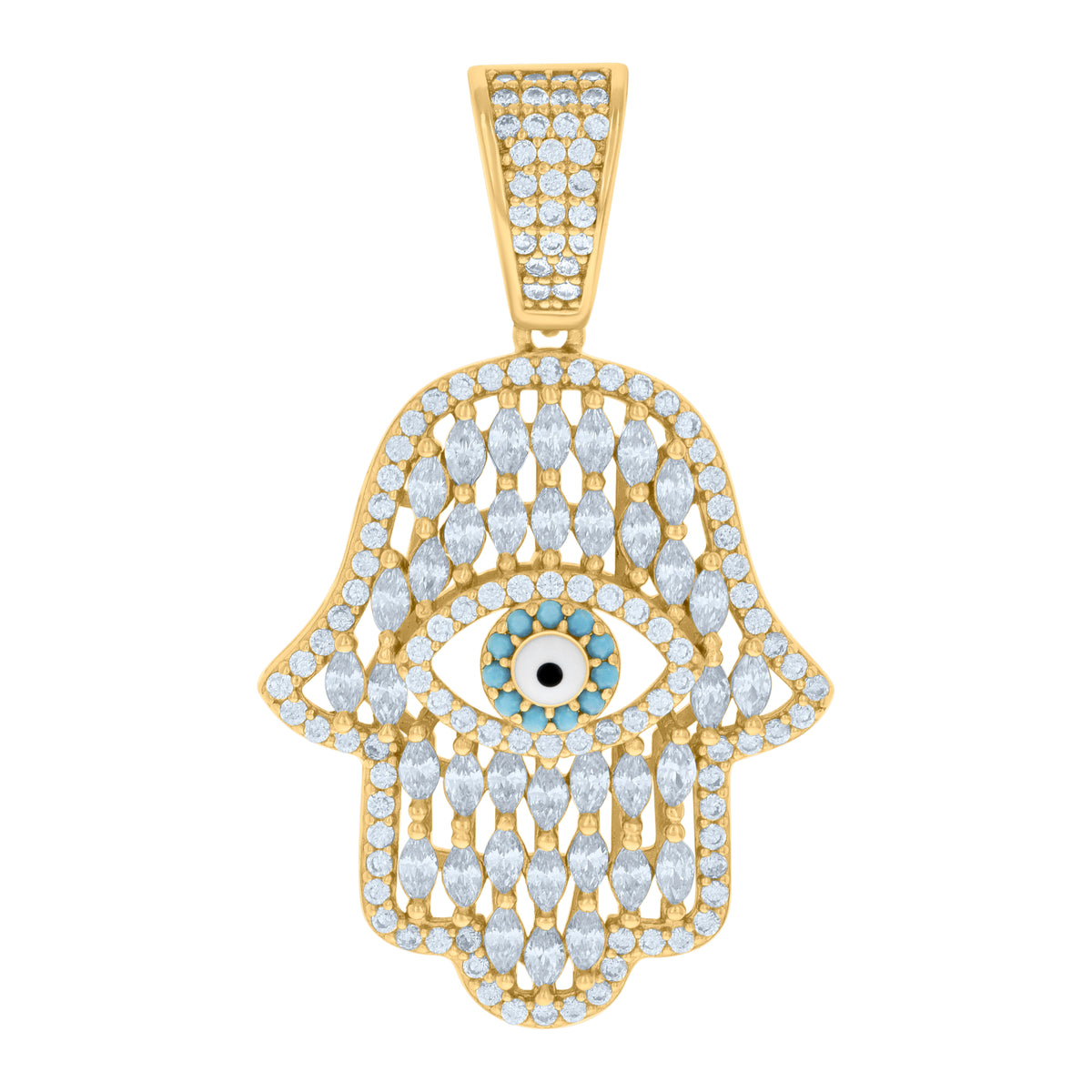 925 Sterling Silver Yellow-tone Mens Marquise Round Cubic-Zirconia Enameled Hamsa Symbol Pendant