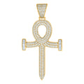 925 Sterling Silver Yellow-tone Mens Baguette Round Cubic-Zirconia Egyptian Ankh Cross Religious Charm Pendant