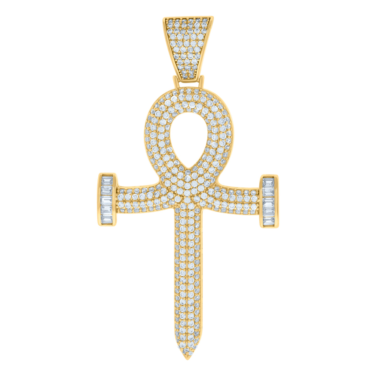 925 Sterling Silver Yellow-tone Mens Baguette Round Cubic-Zirconia Egyptian Ankh Cross Religious Charm Pendant