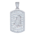 925 Sterling Silver Mens Baguette Round Cubic-Zirconia Praying Hands Symbol Religious Dogtag Pendant