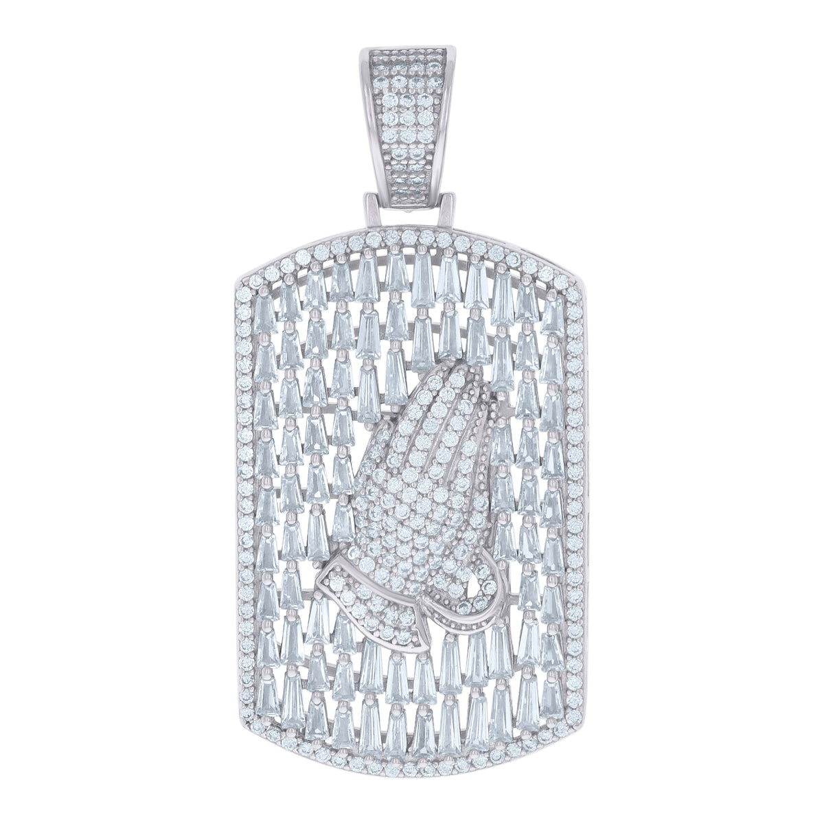 925 Sterling Silver Mens Baguette Round Cubic-Zirconia Praying Hands Symbol Religious Dogtag Pendant