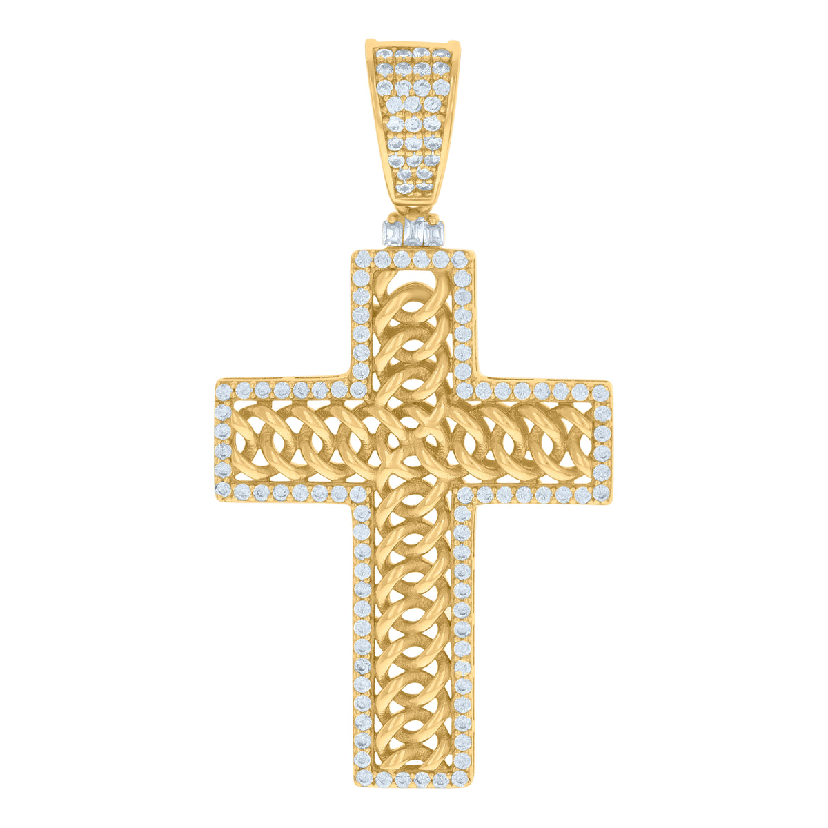925 Sterling Silver Yellow-tone Mens Baguette Round Cubic-Zirconia Cross Religious Charm Pendant