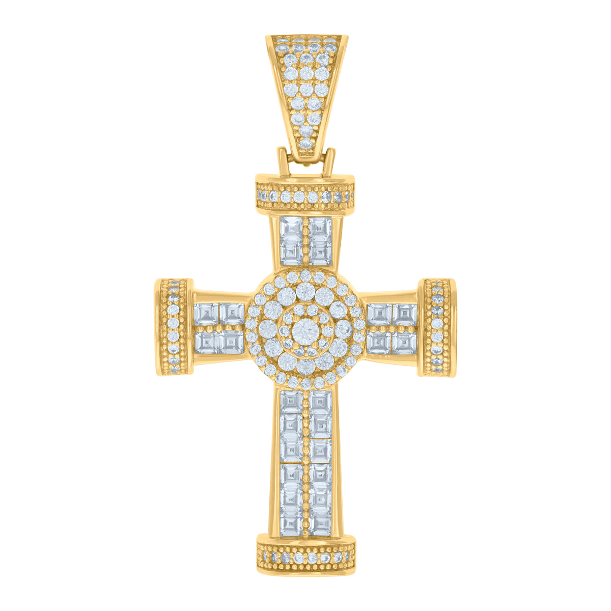 925 Sterling Silver Yellow-tone Mens Cushion-cut Round Cubic-Zirconia Cross Religious Charm Pendant