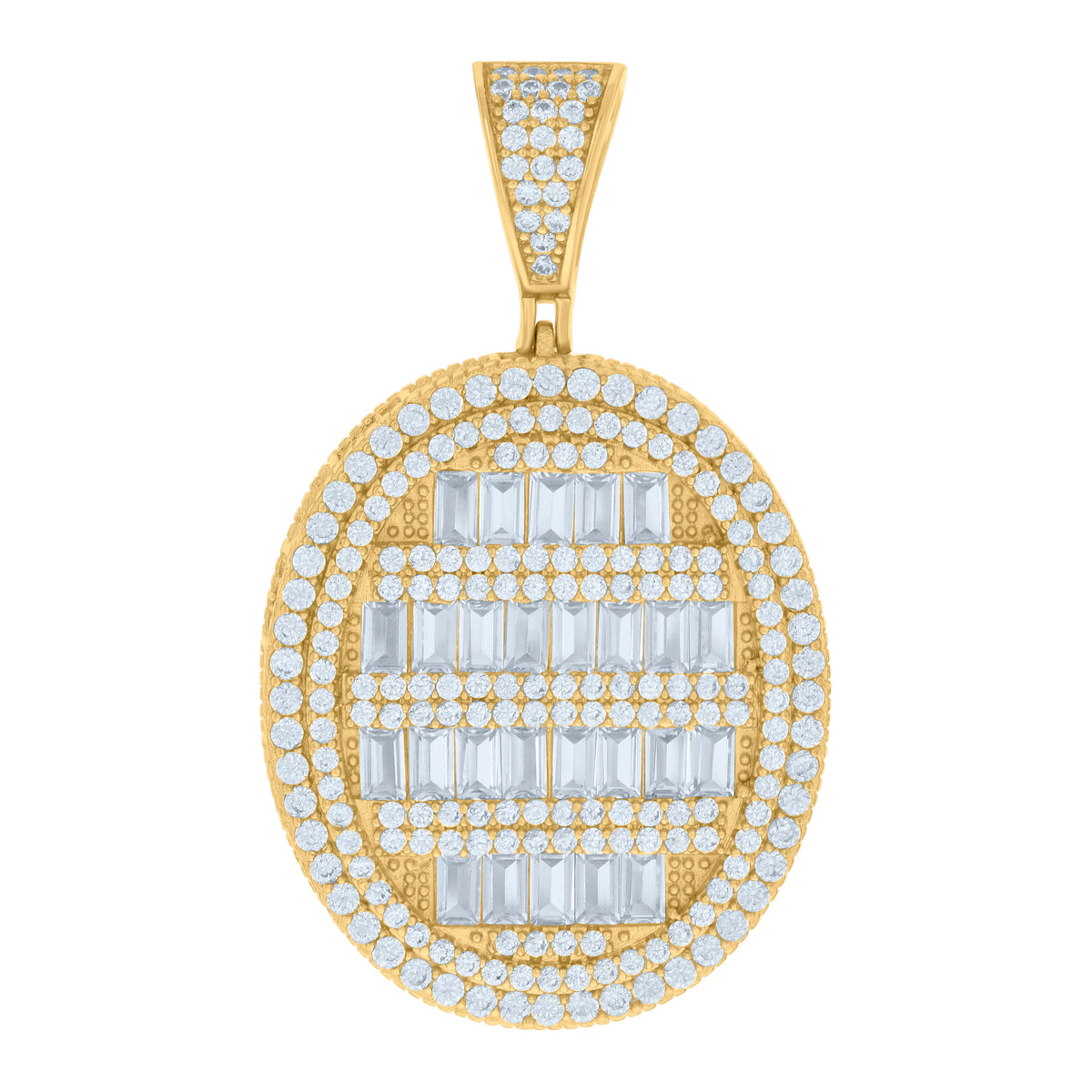 925 Sterling Silver Yellow-tone Mens Baguette Round Cubic-Zirconia Oval Medallion Fashion Pendant
