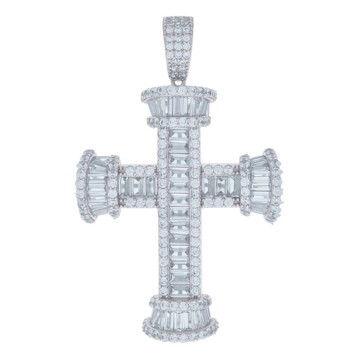 925 Sterling Silver Mens Baguette Round Cubic-Zirconia Cross Religious Charm Pendant