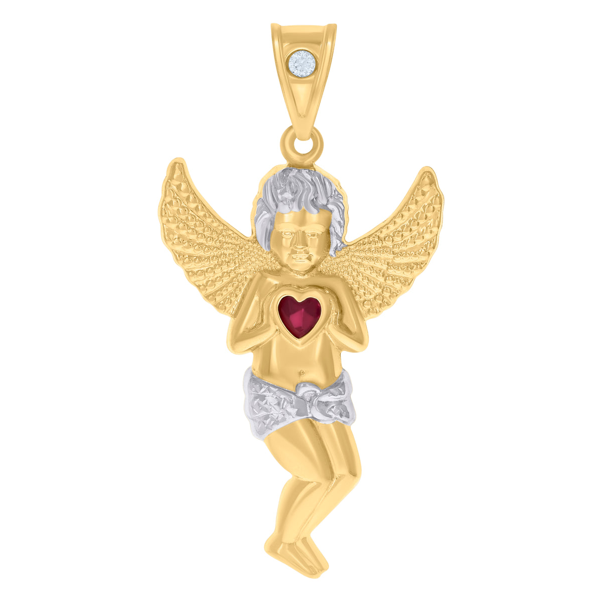 10K Two-tone Gold Mens Red White Heart Round Cubic-Zirconia Angel Charm Pendant