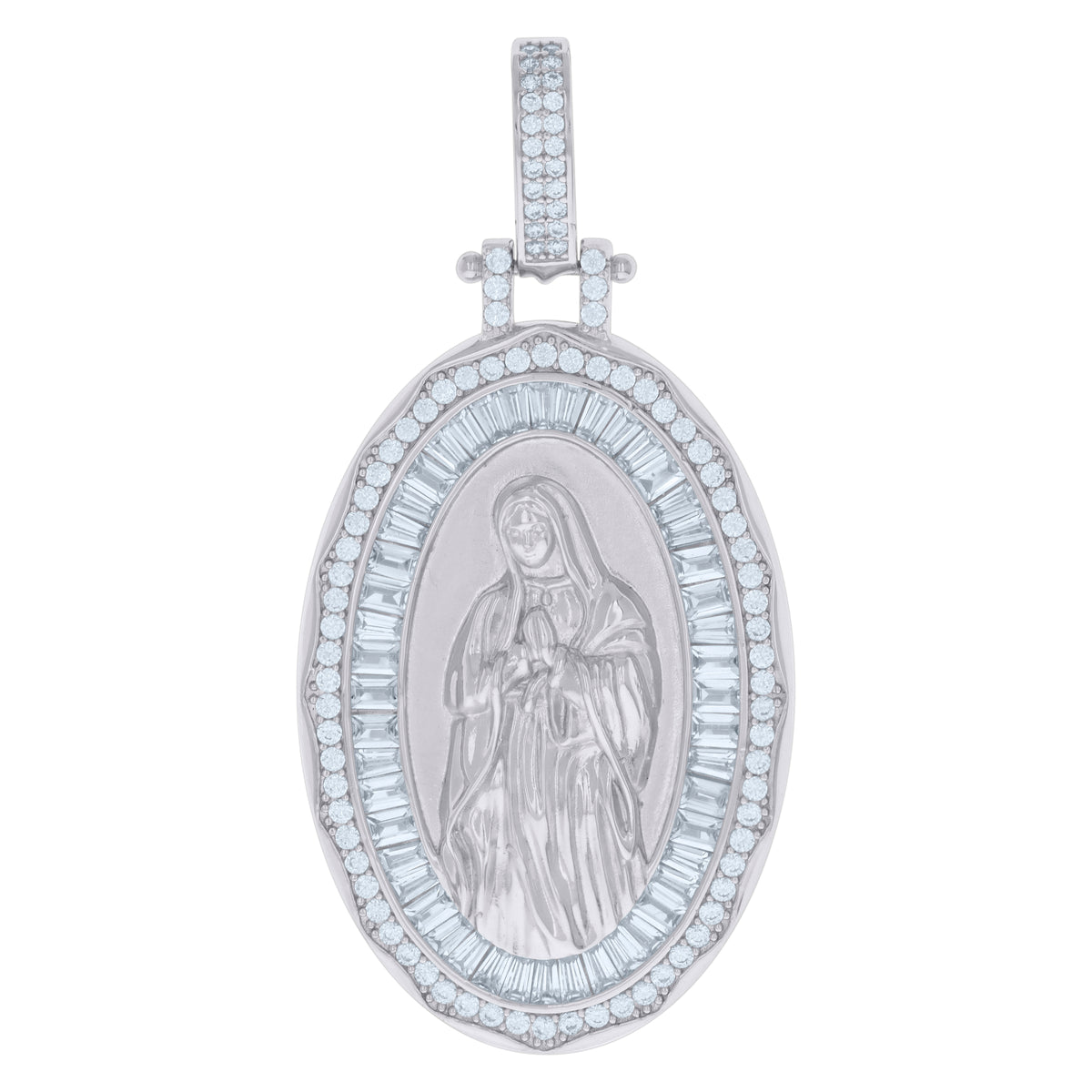 925 Sterling Silver Mens Baguette Round Cubic-Zirconia Guadalupe Religious Charm Pendant