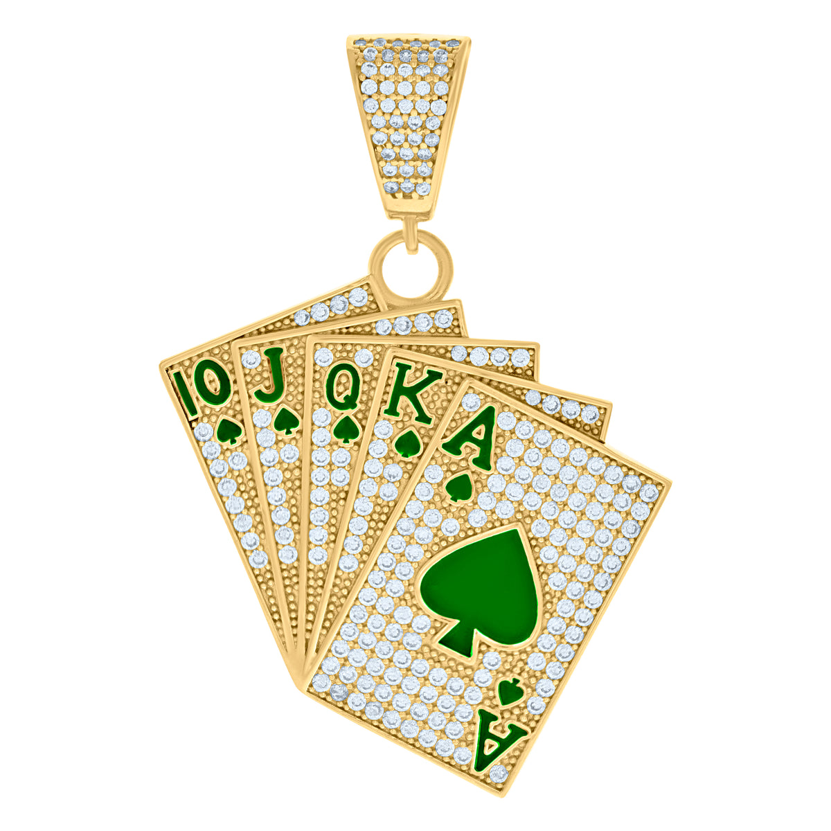 10K Yellow Gold Mens Cubic-Zirconia Green Enamel Playing Cards Gambling Fashion Charm Pendant