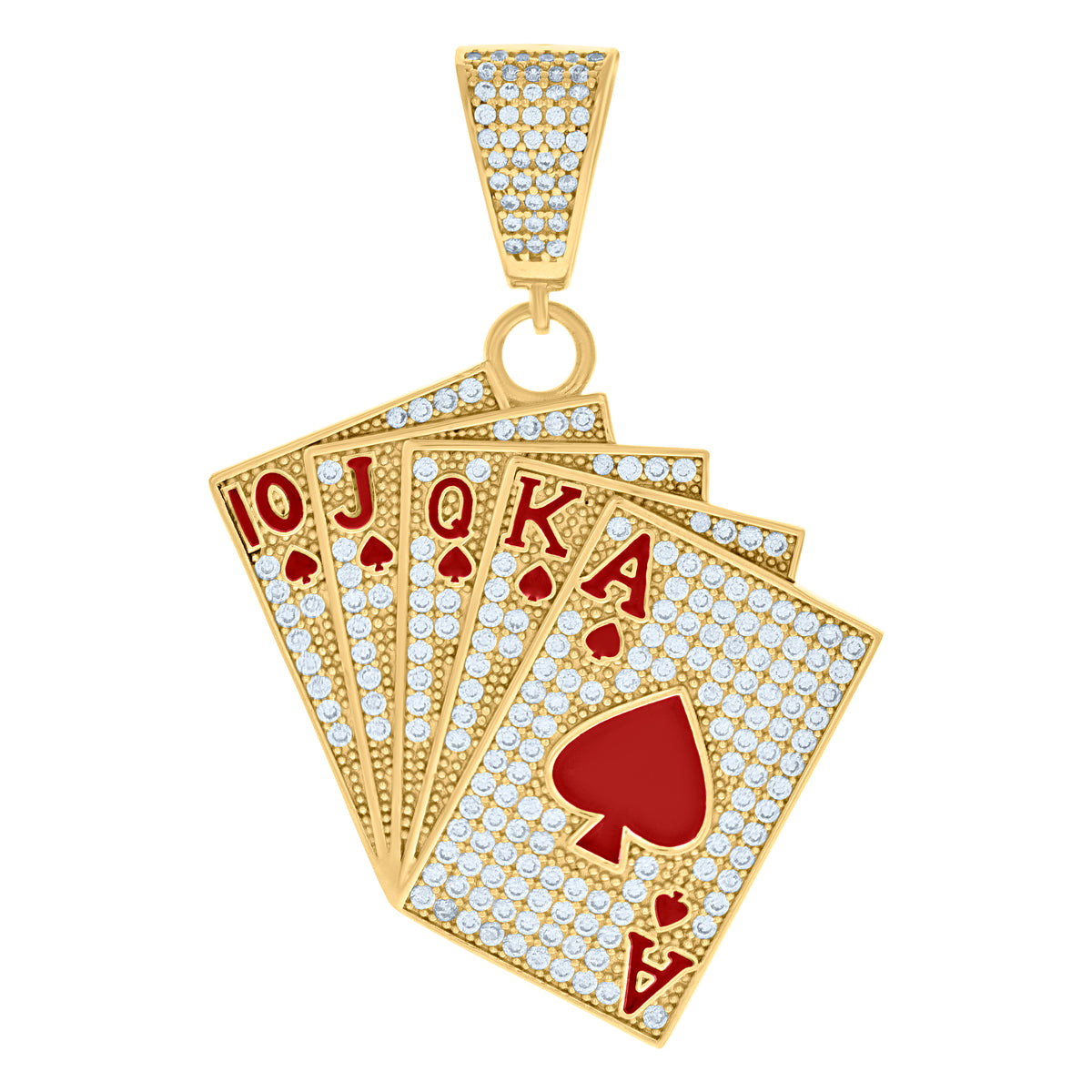 10K Yellow Gold Mens Cubic-Zirconia Red Enamel Playing Cards Gambling Fashion Charm Pendant