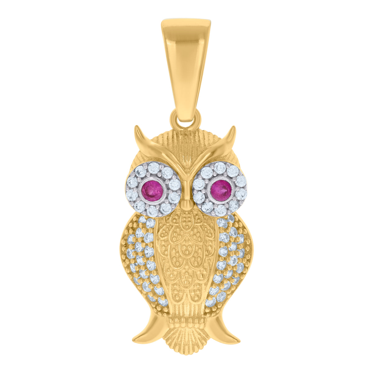 10K Two-tone Gold Unisex Purple White Cubic-Zirconia Owl Bird Wildlife Charm Pendant