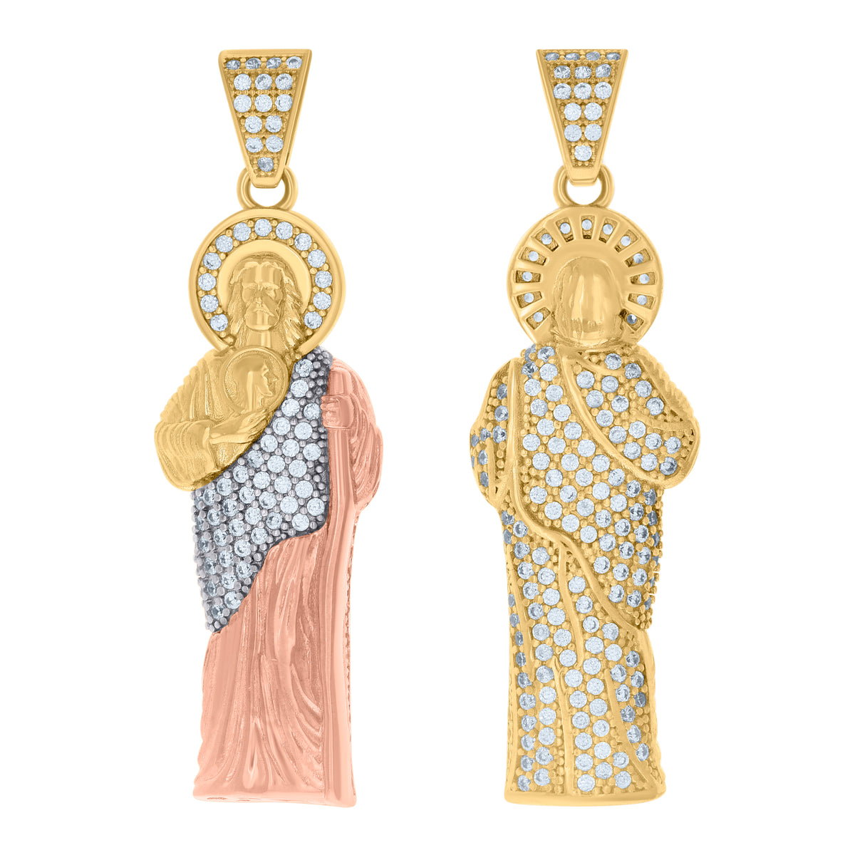 10K Tri-Color Gold Mens Cubic-Zirconia Saint Jude Religious Charm Pendant