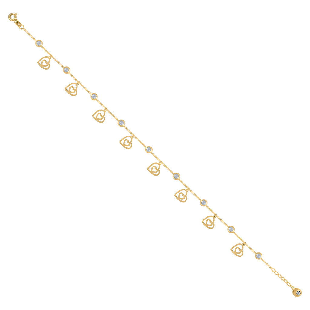 10K Yellow Gold Womens Cubic-Zirconia Hearts Charm Anklet Size 10 Inches