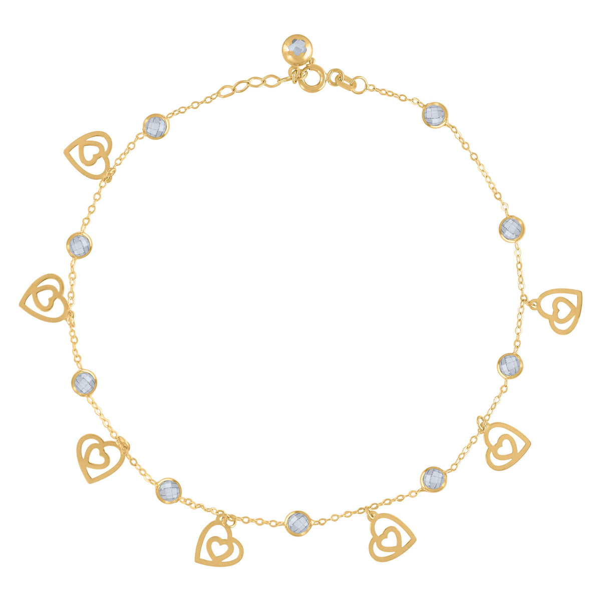 10K Yellow Gold Womens Cubic-Zirconia Hearts Charm Anklet Size 10 Inches