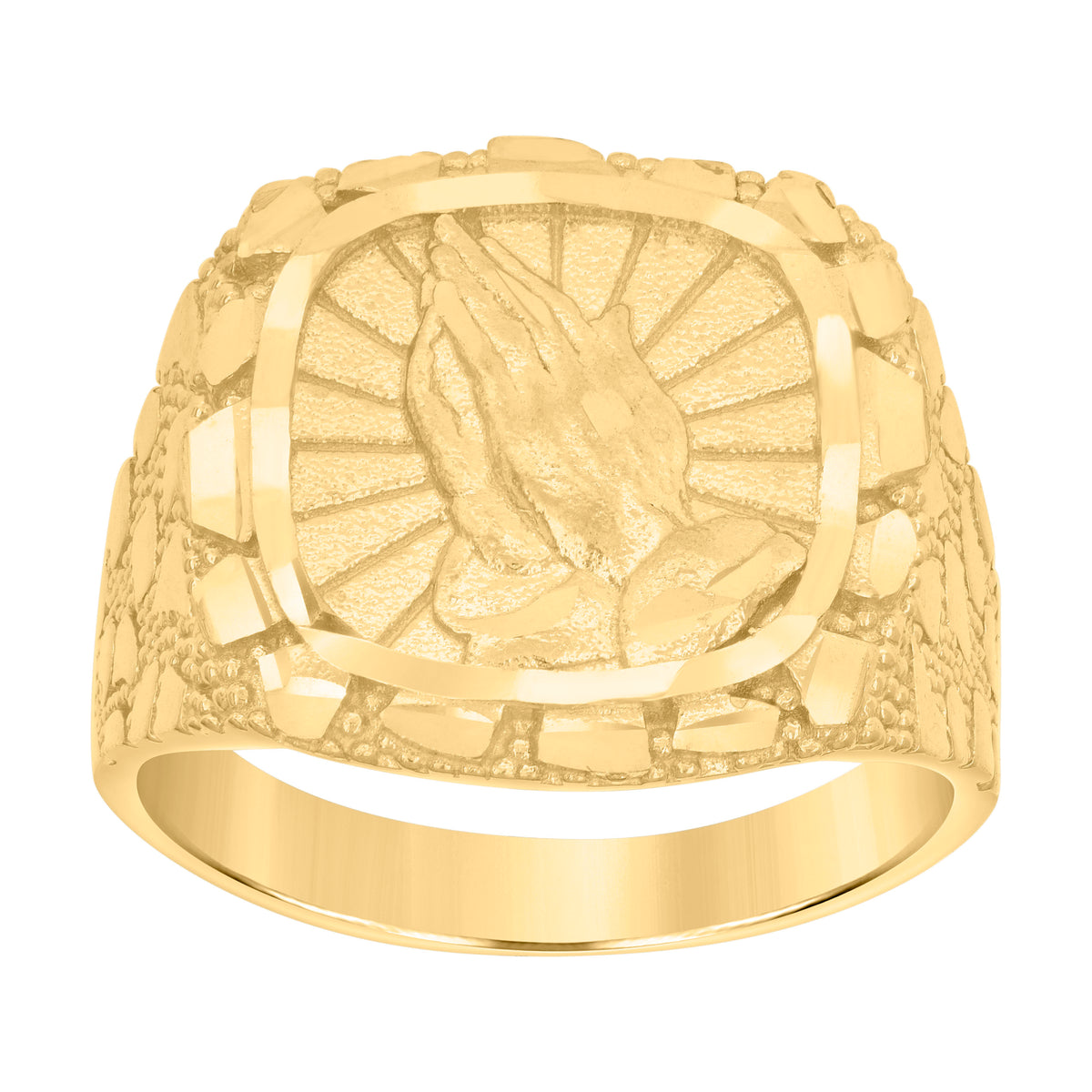 10K Yellow Gold Mens Diamond-Cut Praying Hands Symbol Religious Ring