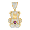 10K Yellow Gold Black-tone Unisex Pink White Heart Round Cubic-Zirconia Teddy Bear Charm Pendant