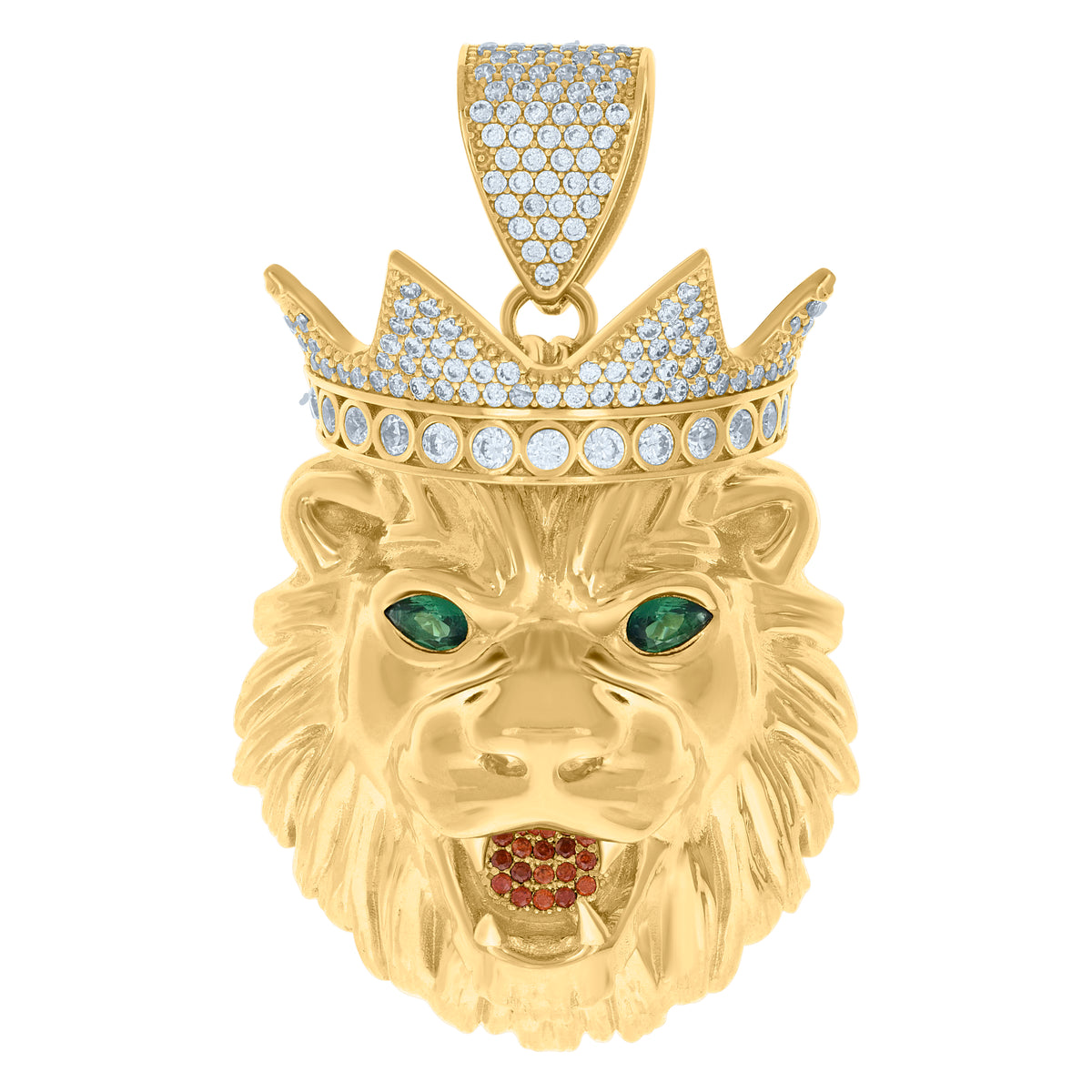 10K Yellow Gold Mens Green/Red White Cubic-Zirconia Leo/Lion Head Animal Zodiac Sign/Wildlife Charm Pendant