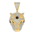 10K Yellow Gold Mens Green/Black White Cubic-Zirconia Panther Head Animal Wildlife Charm Pendant