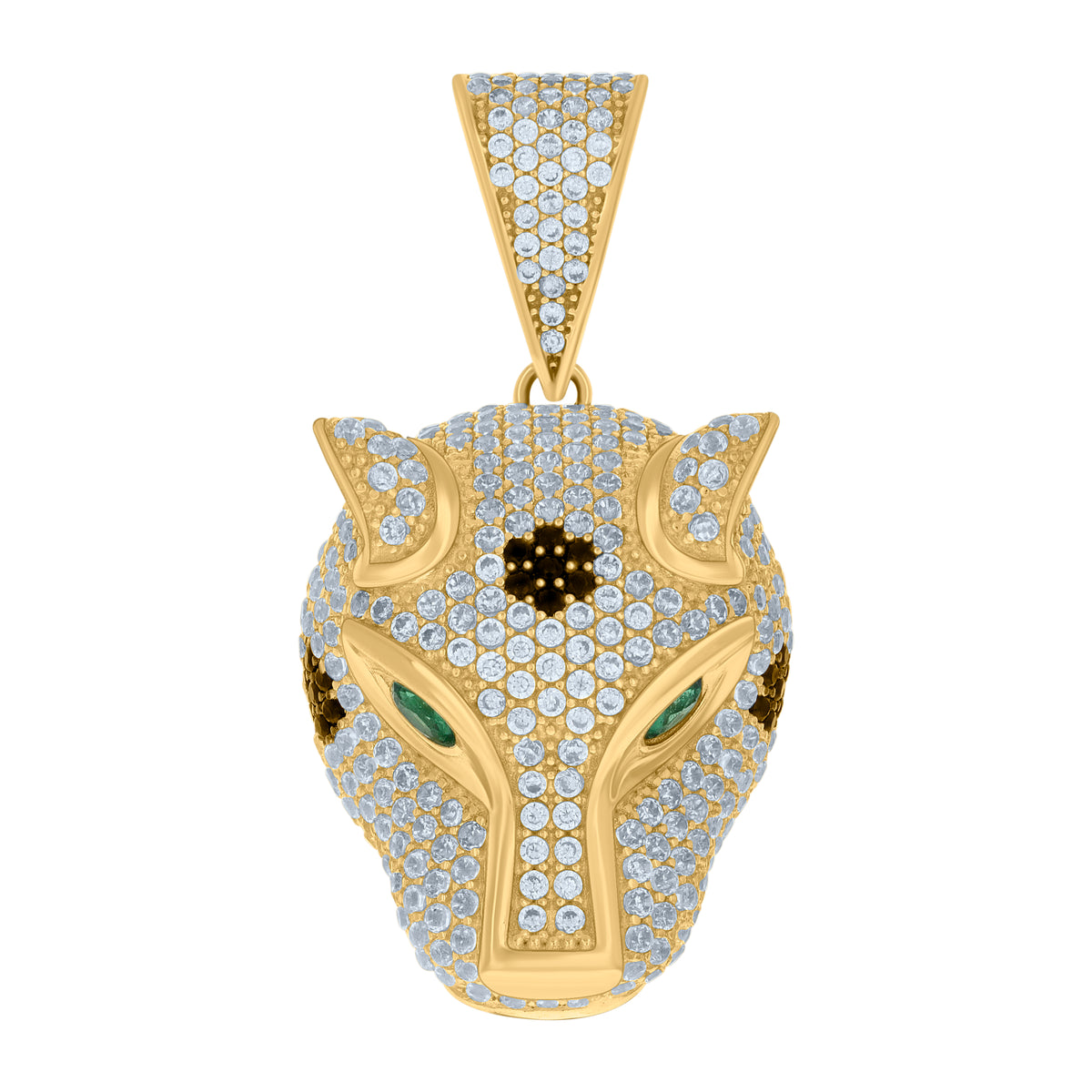 10K Yellow Gold Mens Green/Black White Cubic-Zirconia Panther Head Animal Wildlife Charm Pendant