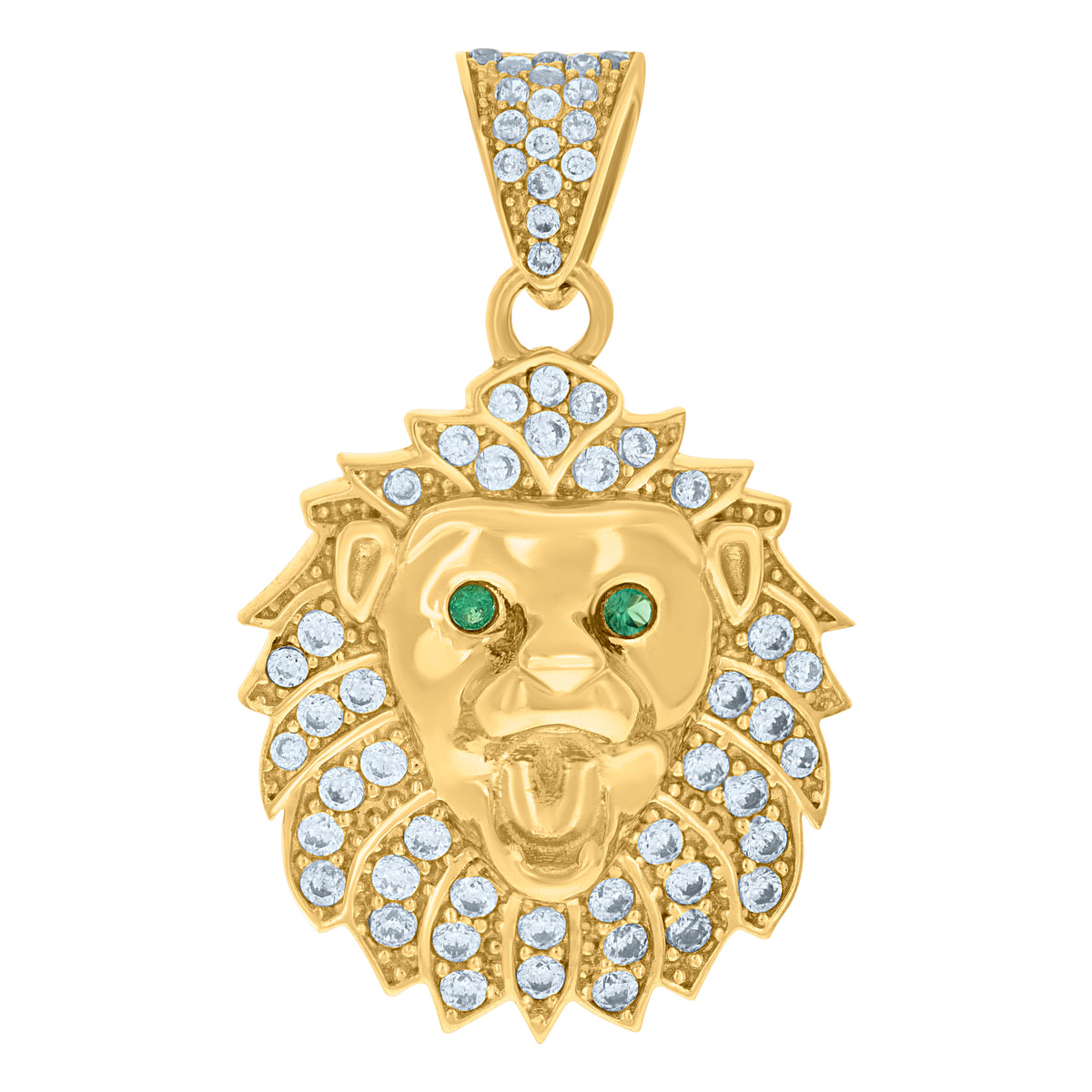 10K Yellow Gold Mens Green White Cubic-Zirconia Leo/Lion Head Animal Zodiac Sign/Wildlife Charm Pendant