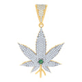 10K Two-tone Gold Mens Green White Cubic-Zirconia Marijuana Leaf Fashion Charm Pendant