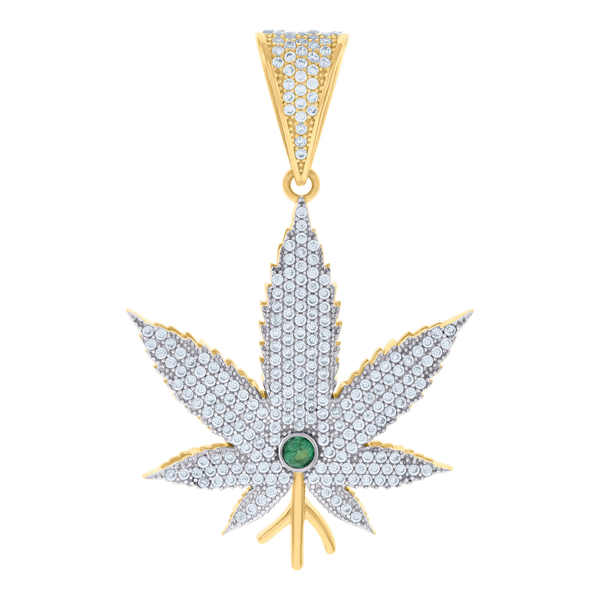 10K Two-tone Gold Mens Green White Cubic-Zirconia Marijuana Leaf Fashion Charm Pendant