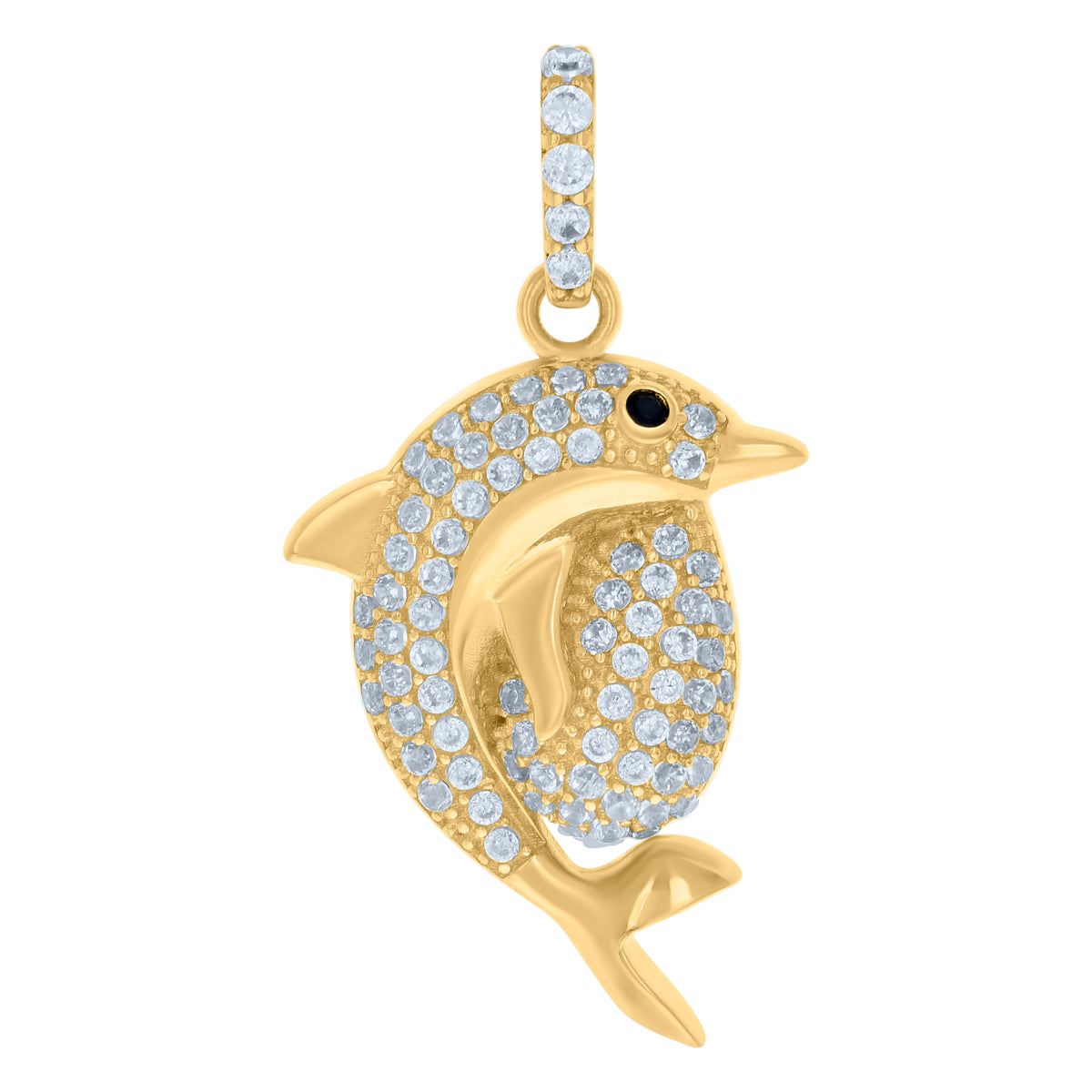 10K Yellow Gold Womens Black White Cubic-Zirconia Dolphin Fish Ocean Charm Pendant