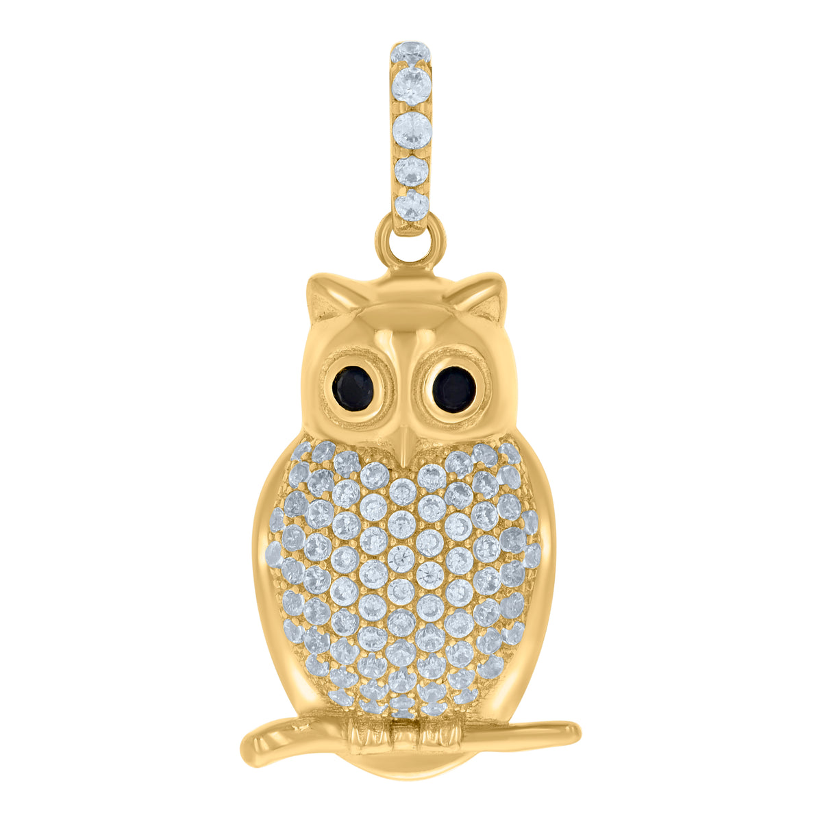 10K Yellow Gold Unisex Black White Cubic-Zirconia Owl Bird Wildlife Charm Pendant