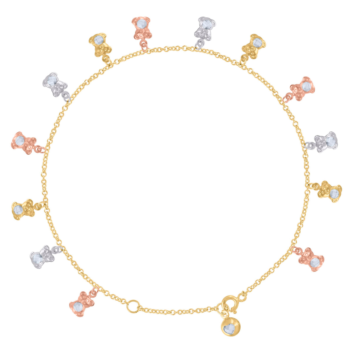 10K Tri-Color Gold Womens Cubic-Zirconia Teddy Bear Charm Anklet Size 10 Inches