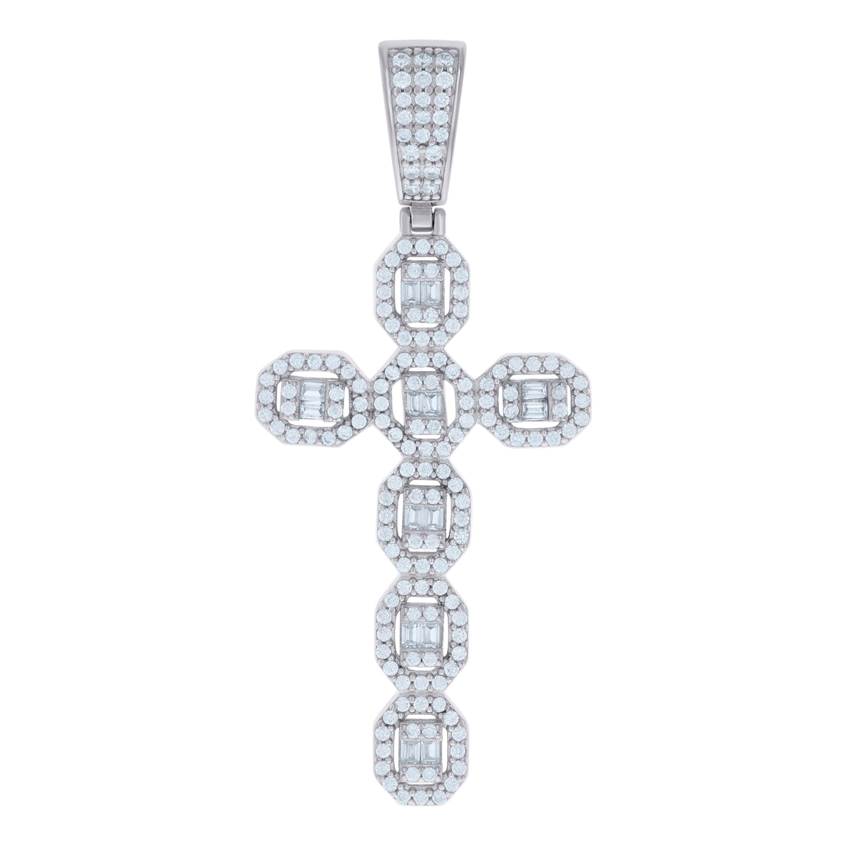 925 Sterling Silver Mens Baguette Round Cubic-Zirconia Cross Religious Charm Pendant