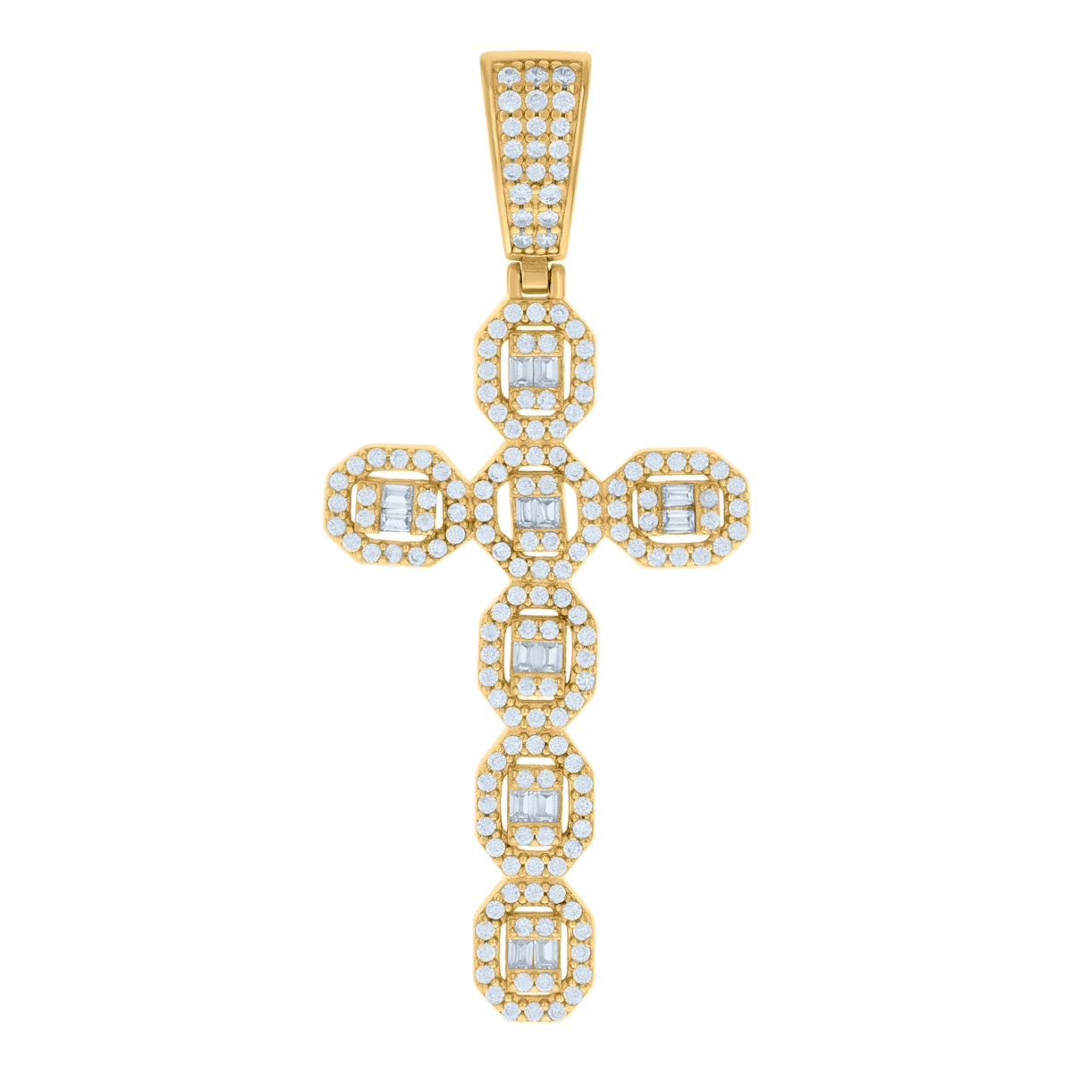 925 Sterling Silver Yellow-tone Mens Baguette Round Cubic-Zirconia Cross Religious Charm Pendant