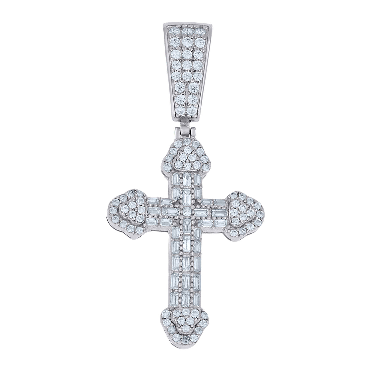 925 Sterling Silver Mens Baguette Round Cubic-Zirconia Cross Religious Charm Pendant