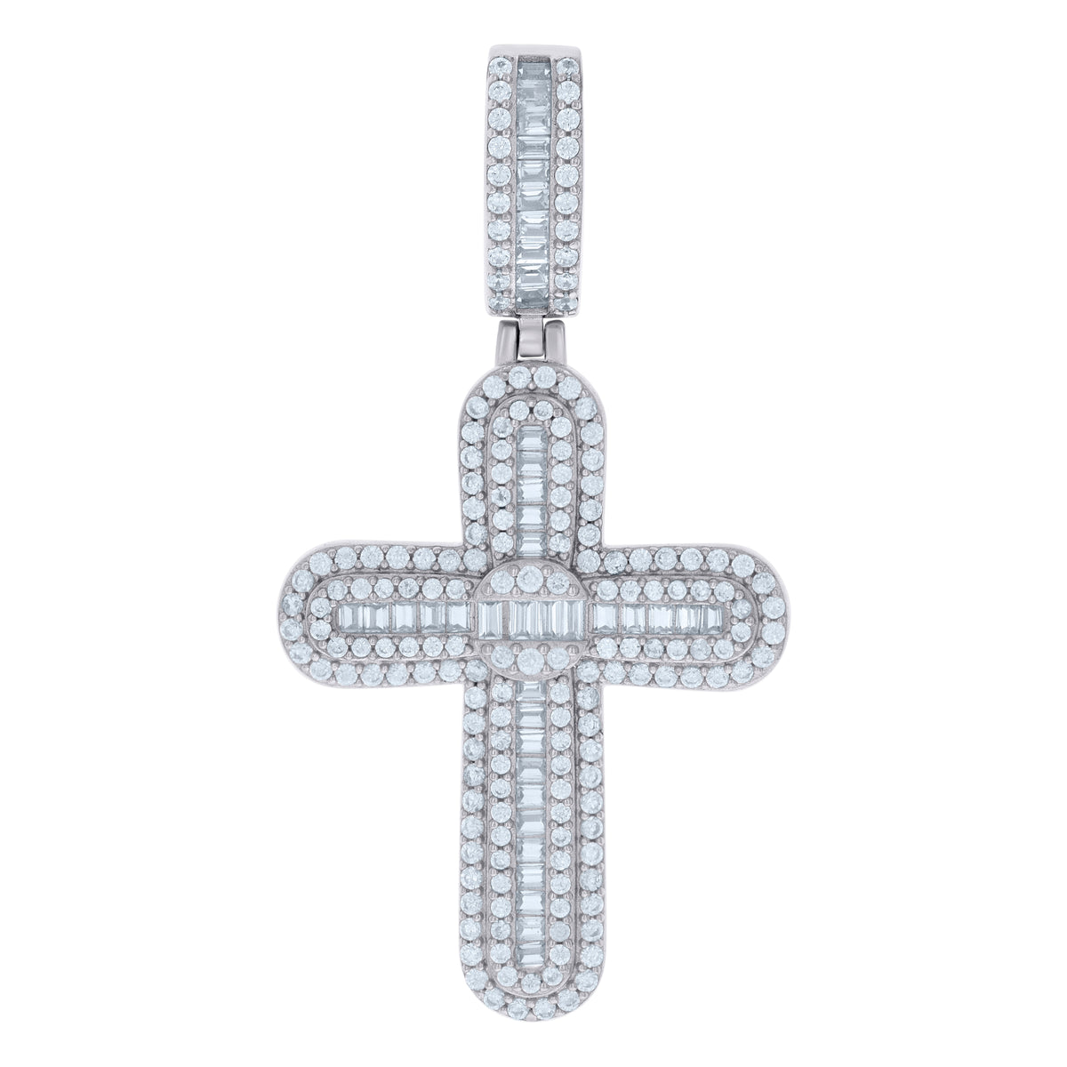 925 Sterling Silver Mens Baguette Round Cubic-Zirconia Cross Religious Charm Pendant