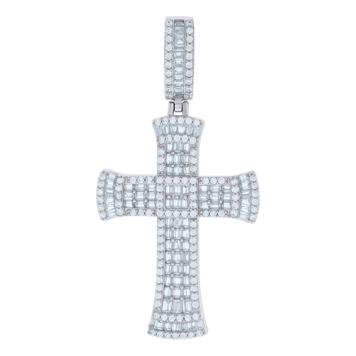 925 Sterling Silver Mens Baguette Round Cubic-Zirconia Cross Religious Charm Pendant