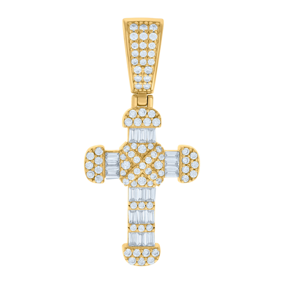 925 Sterling Silver Yellow-tone Mens Baguette Round Cubic-Zirconia Cross Religious Pendant