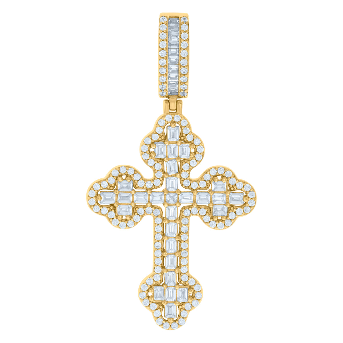 925 Sterling Silver Yellow-tone Mens Baguette Round Cubic-Zirconia Cross Religious Charm Pendant