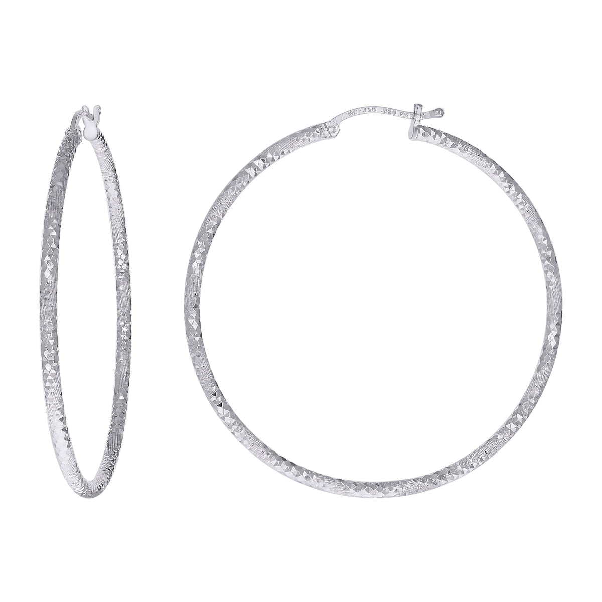 925 Sterling Silver Womens Diamond-cut 2mm x 45mm Hoop Earrings