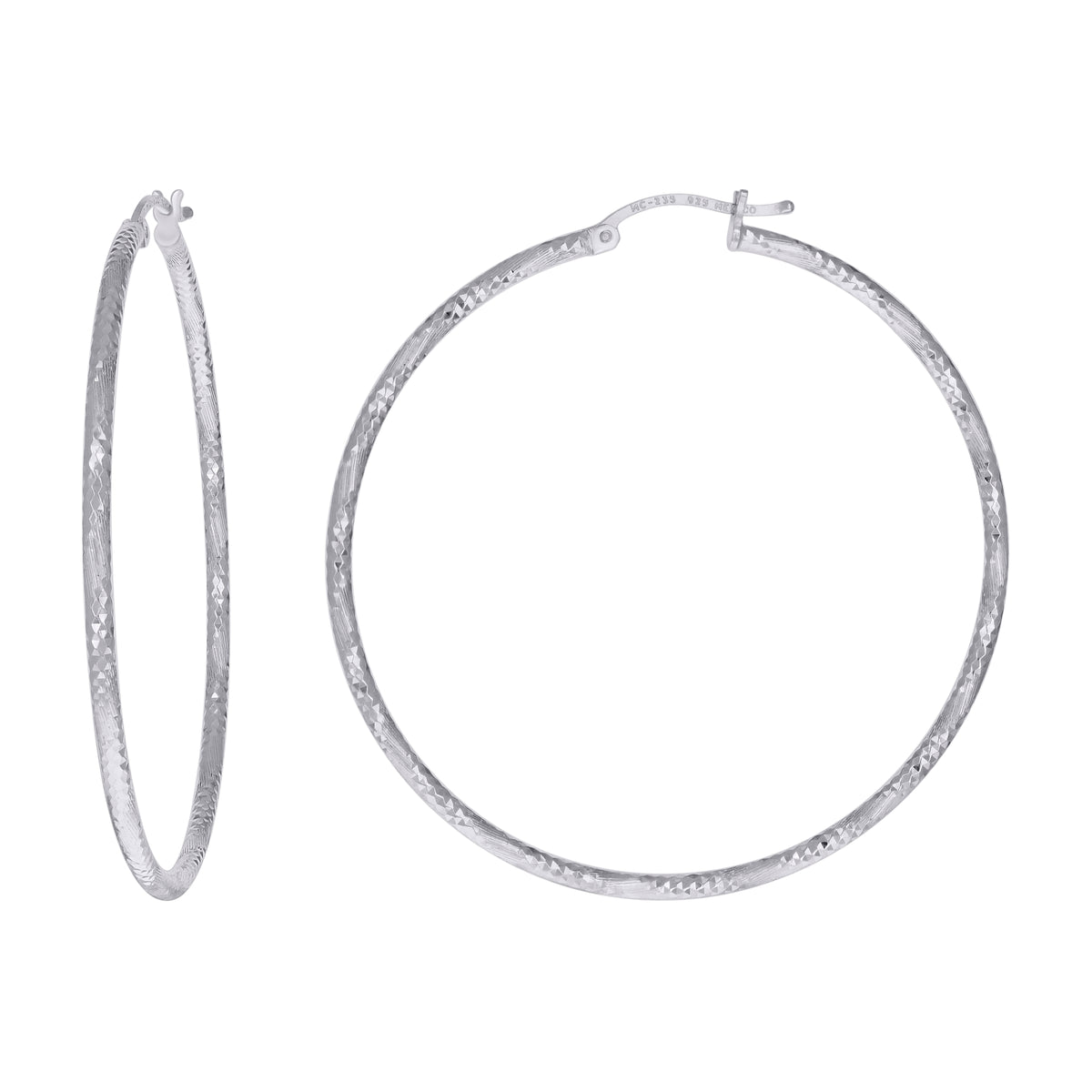 925 Sterling Silver Womens Diamond-cut 2mm x 50mm Hoop Earrings