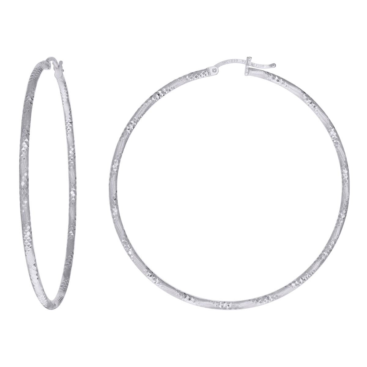 925 Sterling Silver Womens Diamond-cut 2mm x 55mm Hoop Earrings