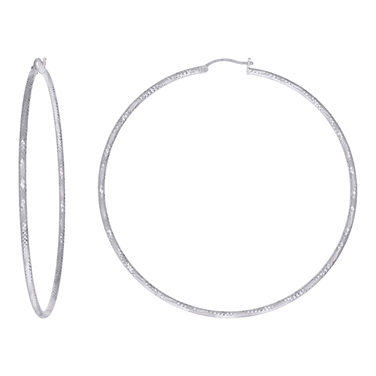 925 Sterling Silver Womens Diamond-cut 2mm x 70mm Hoop Earrings