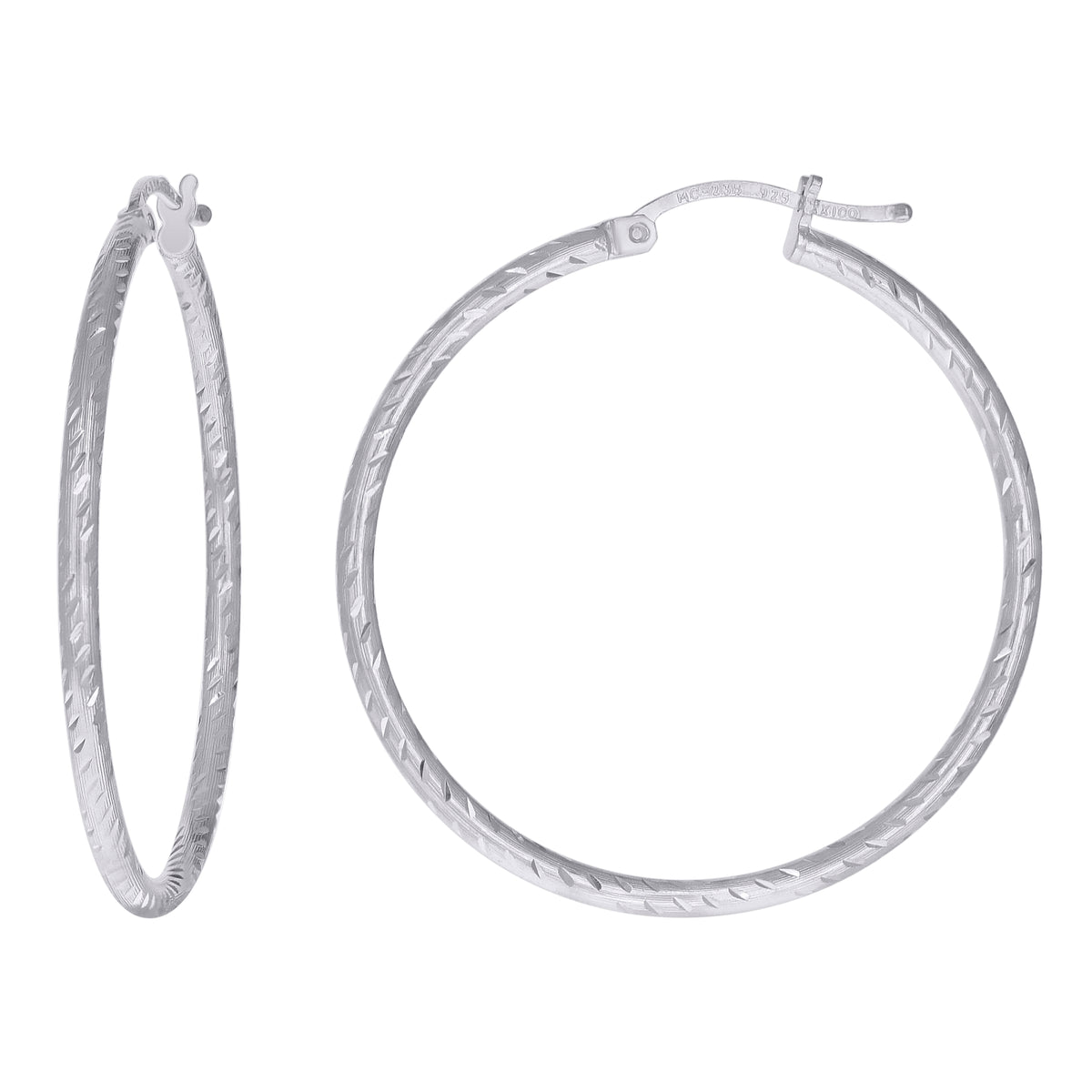 925 Sterling Silver Womens Diamond-cut 2mm x 35mm Hoop Earrings