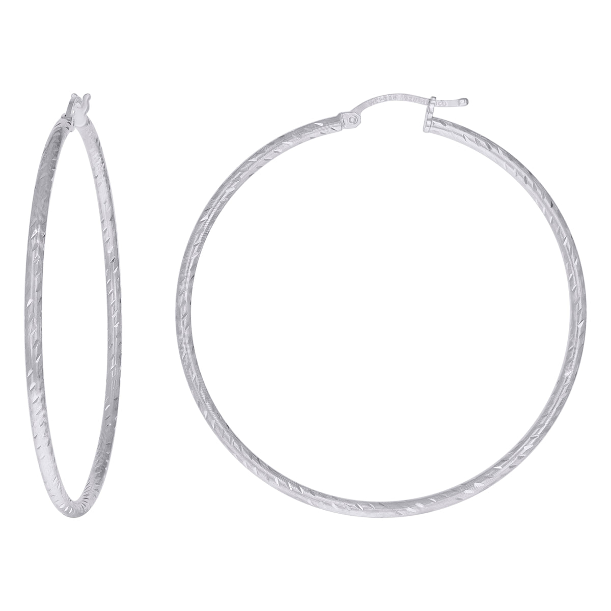 925 Sterling Silver Womens Diamond-cut 2mm x 50mm Hoop Earrings