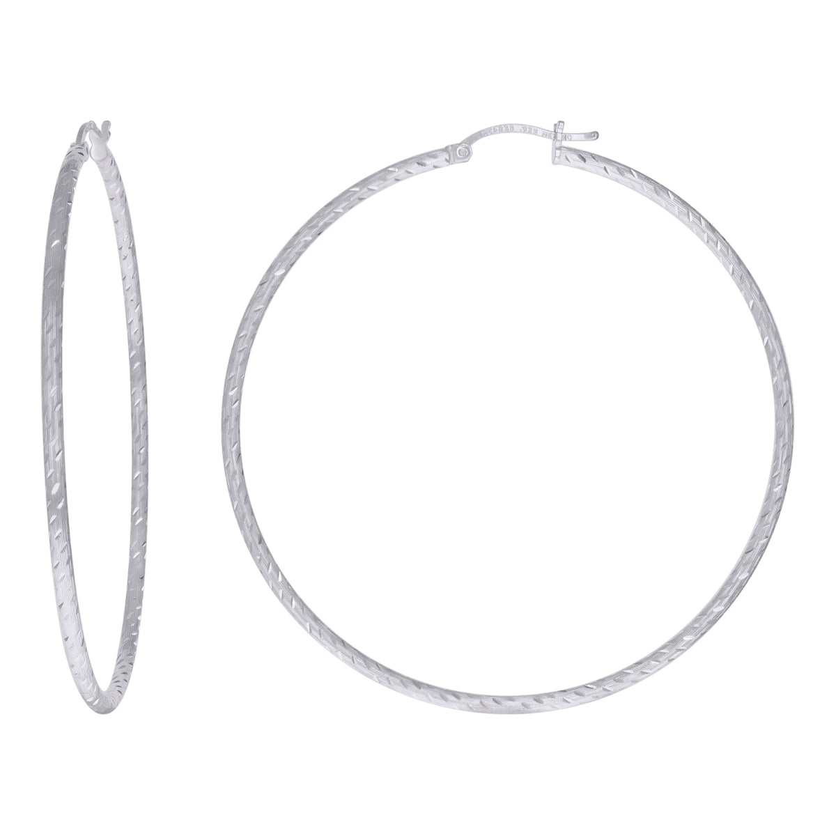 925 Sterling Silver Womens Diamond-cut 2mm x 60mm Hoop Earrings