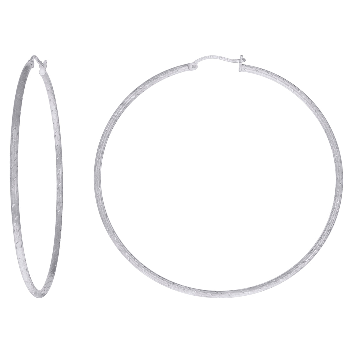 925 Sterling Silver Womens Diamond-cut 2mm x 65mm Hoop Earrings